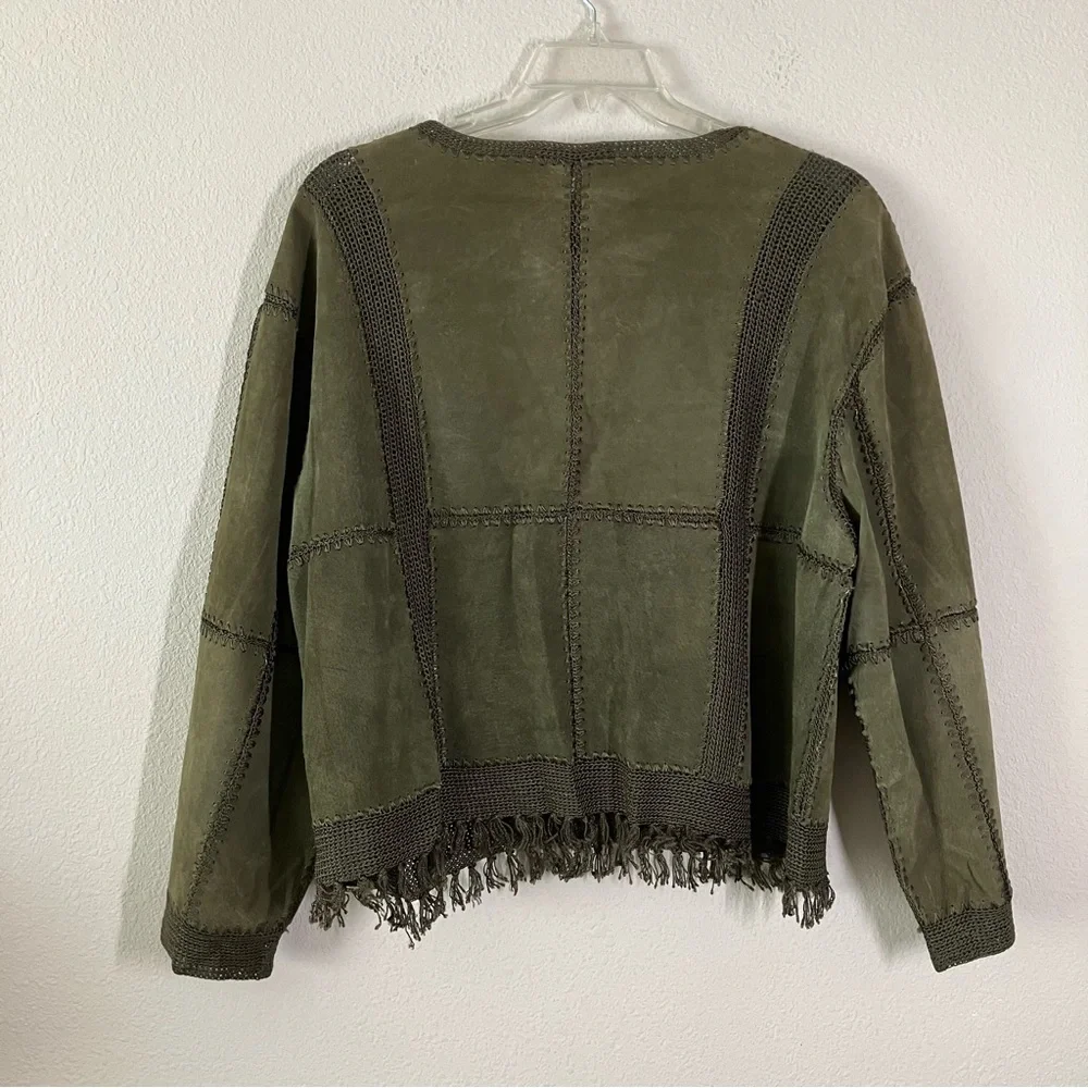 VINTAGE Suede Jacket & Skirt Set Crochet Western Cowgirl Boho Olive Green 2X - Picture 11 of 16